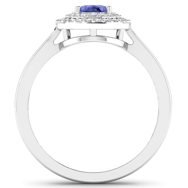 0.91 Carat Genuine Tanzanite and White Diamond 14K White Gold Ring