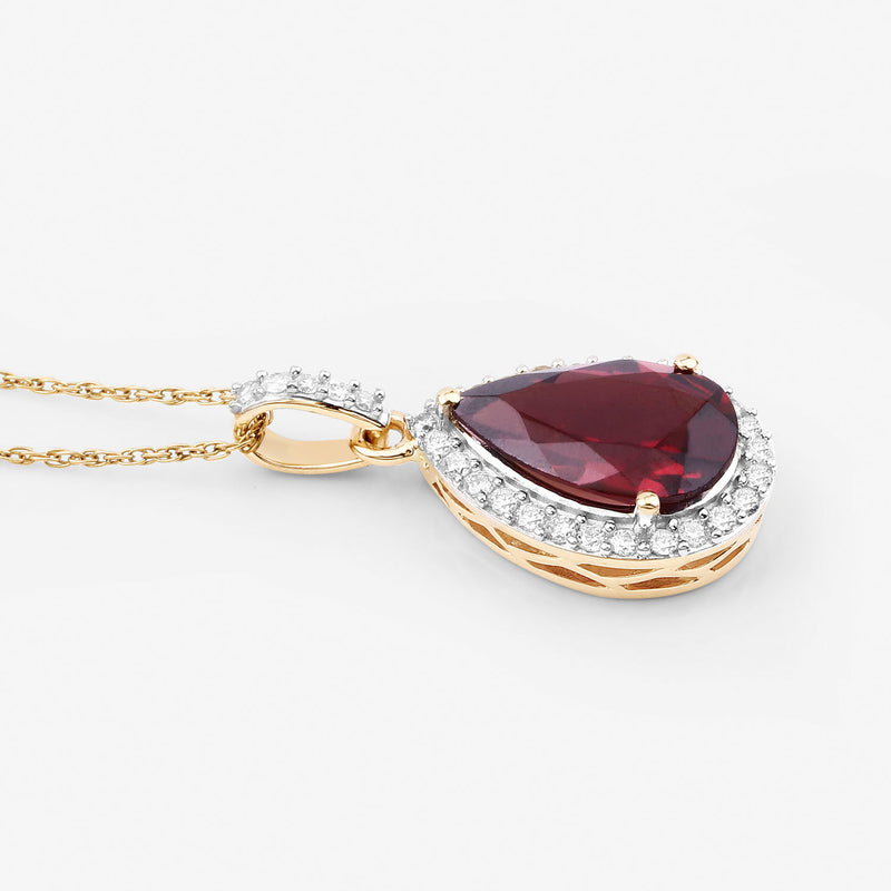 3.29 Carat Genuine Rhodolite and White Diamond 14K Yellow Gold Pendant