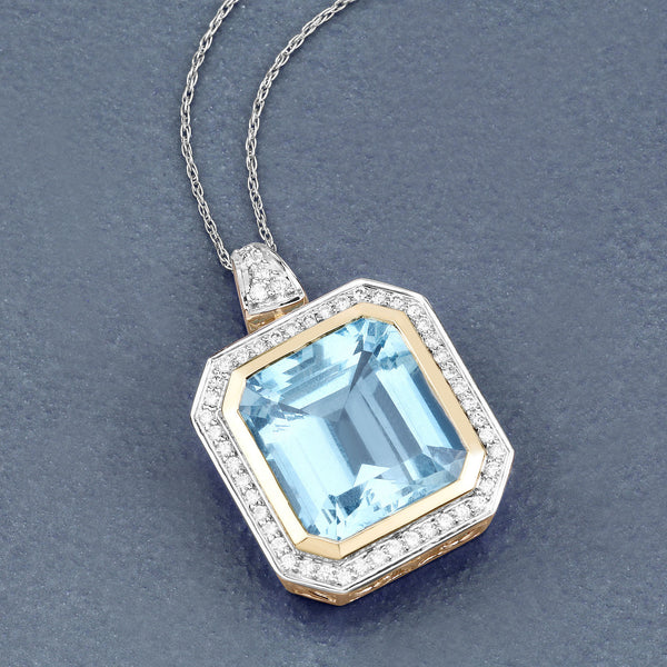 11.04 Carat Genuine Aquamarine and White Diamond 14K Yellow Gold Pendant