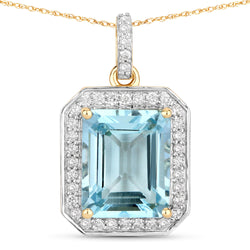 4.19 Carat Genuine Aquamarine and White Diamond 14K Yellow Gold Pendant