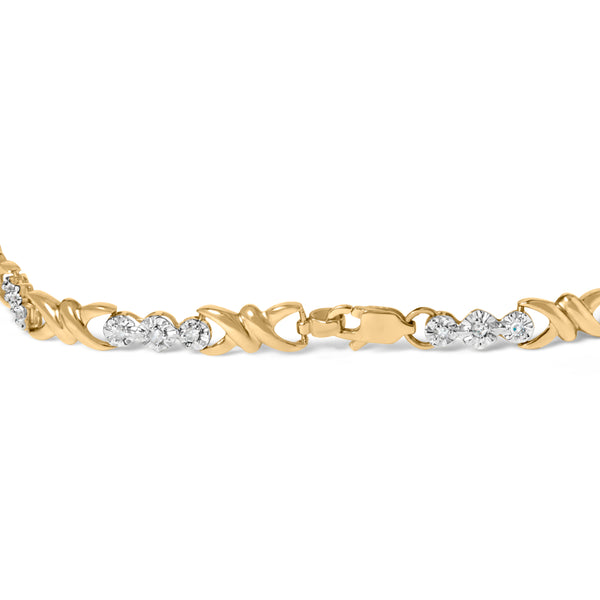 10k Yellow Gold 1/3 Cttw Diamond 3 Stone and X-Link Bracelet (I-J Color, I1-I2 Clarity) - 7.50" Inches