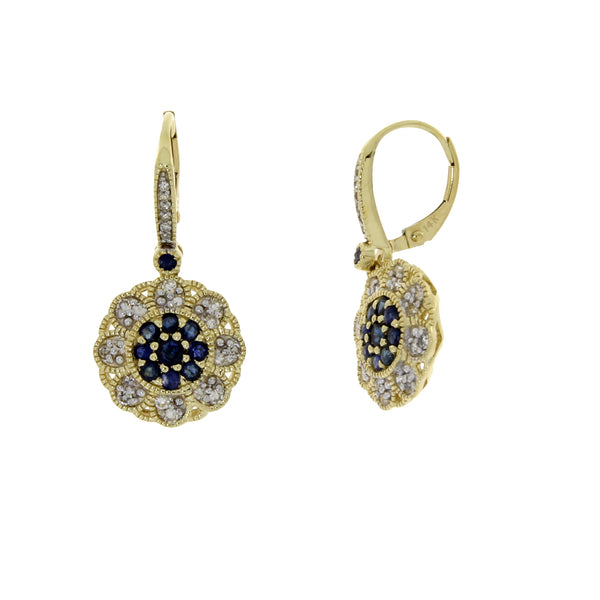 .96ct Sapphire Diamond Dangle Earrings 14KT Yellow Gold