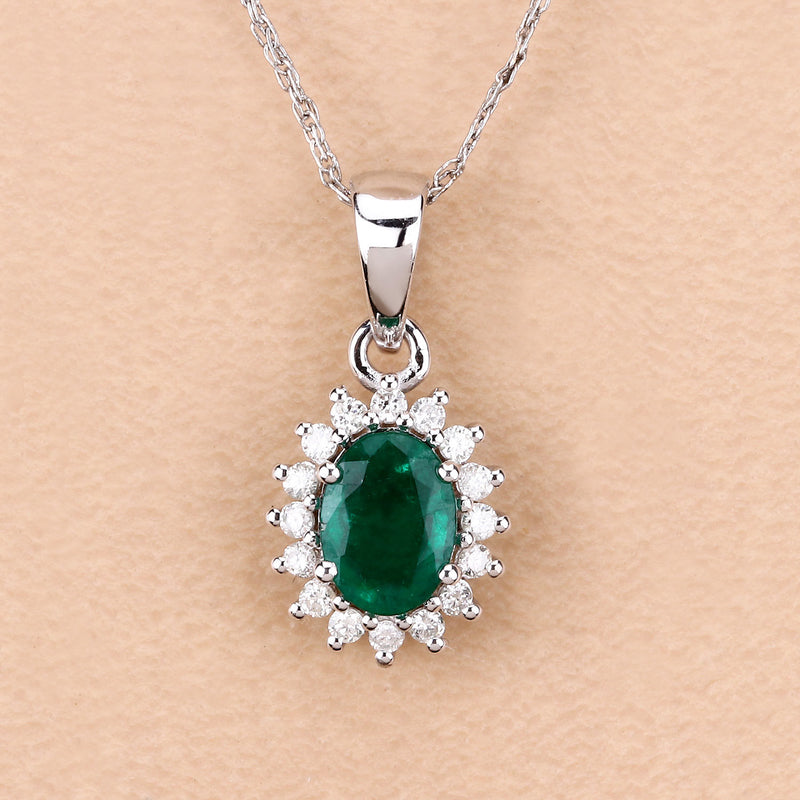 0.86 Carat Genuine Zambian Emerald and White Diamond 14K White Gold Pendant