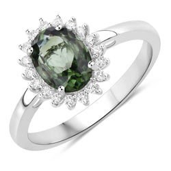 1.37 Carat Genuine Green Tourmaline and White Diamond 14K White Gold Ring