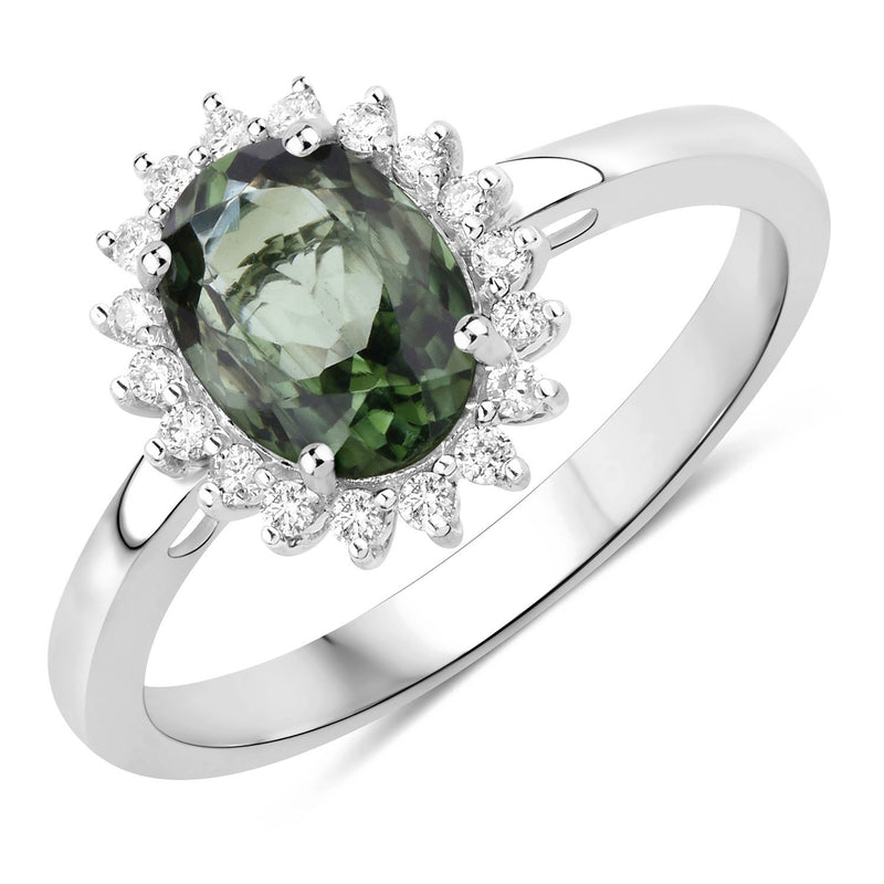 1.37 Carat Genuine Green Tourmaline and White Diamond 14K White Gold Ring