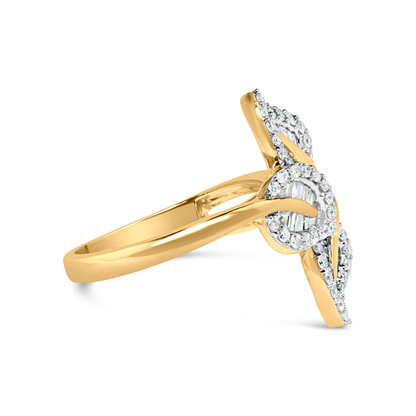 18K Yellow and White Gold Plated .925 Sterling Silver 3/8 Cttw Baguette and Round Diamond Bypass Triple Leaf Ring (I-J Color, I1-I2 Clarity) - Size 7