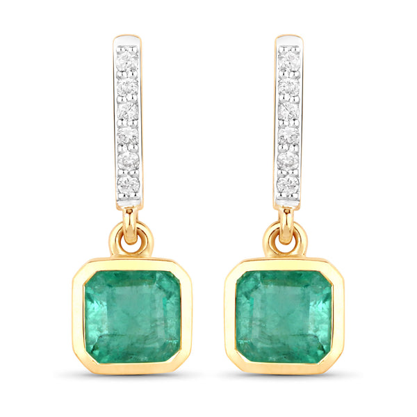 1.98 Carat Genuine Emerald and White Diamond 14K Yellow Gold Earrings