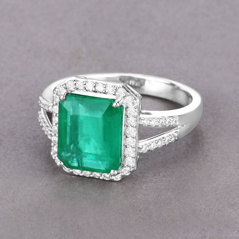 IGI Certified 3.01 Carat Genuine Zambian Emerald and White Diamond 14K White Gold Ring