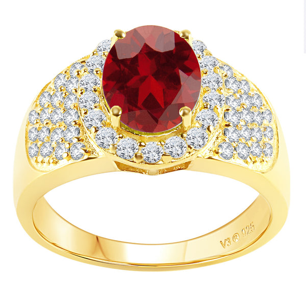 V3 Jewelry Natural Garnet & White Topaz Oval 18K Gold plated Pavé-Set Halo Ring