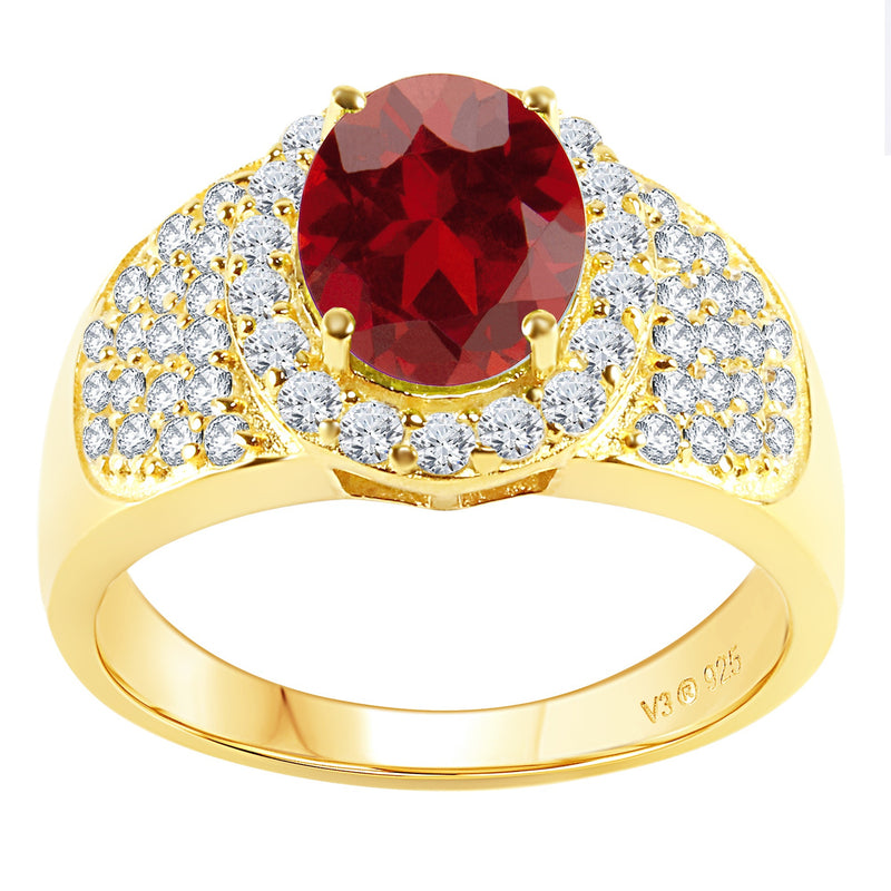 V3 Jewelry Natural Garnet & White Topaz Oval 18K Gold plated Pavé-Set Halo Ring