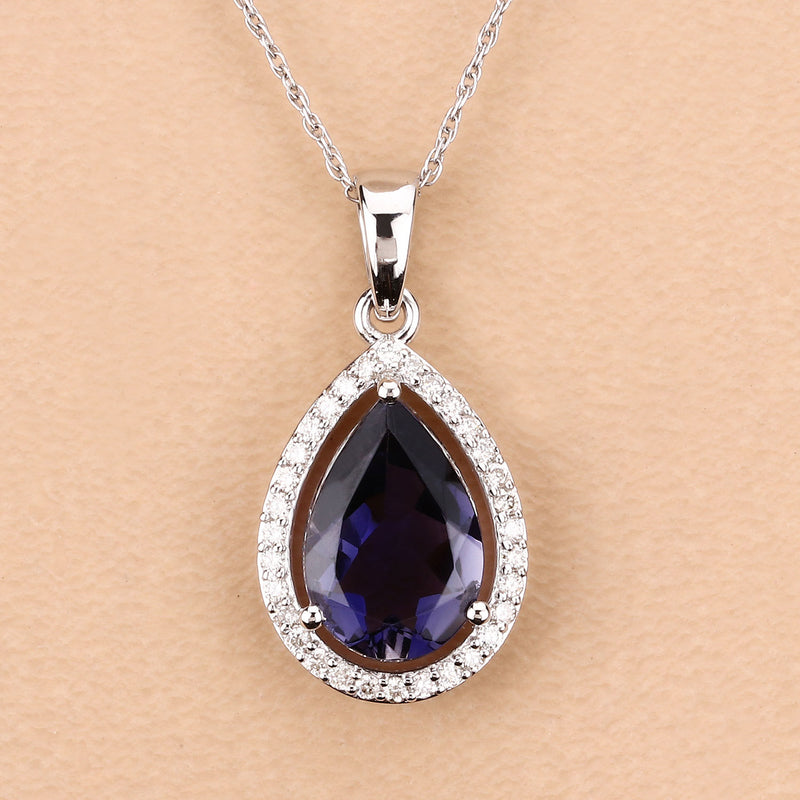 2.28 Carat Genuine Iolite and White Diamond 14K White Gold Pendant