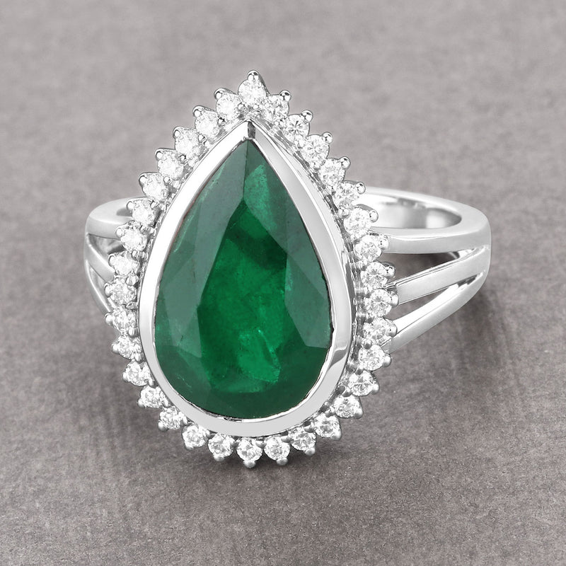 IGI Certified 4.01 Carat Genuine Zambian Emerald and White Diamond 14K White Gold Ring