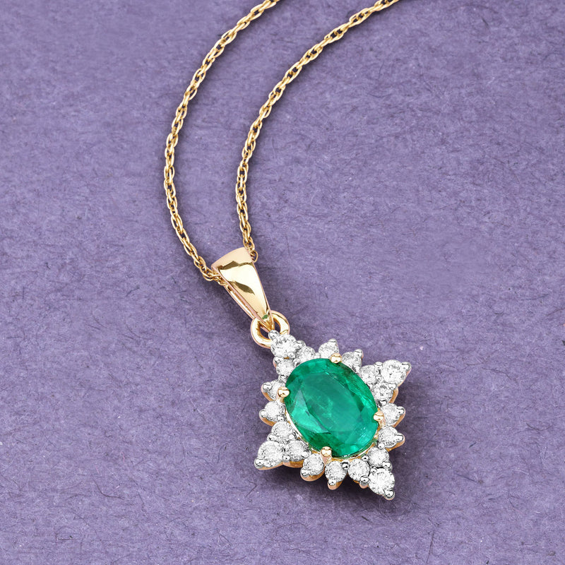 1.54 Carat Genuine Zambian Emerald and White Diamond 14K Yellow Gold Pendant