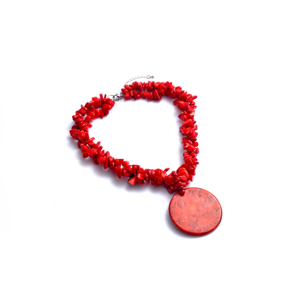 Red Coral Double Strand Chips Necklace with round shape Red Coral pendant & Adjustable Chain