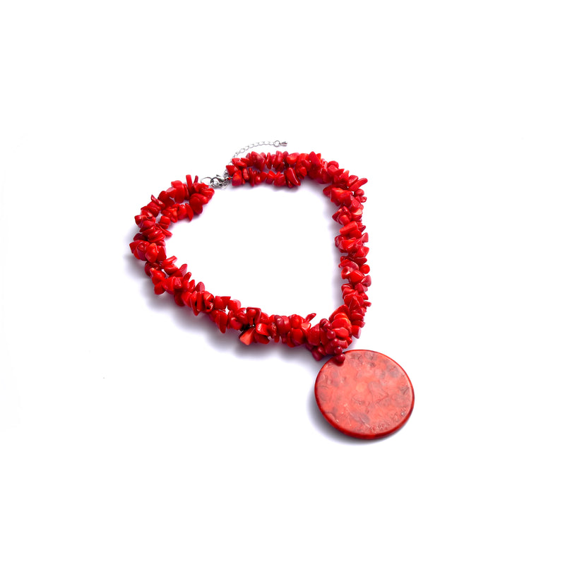 Red Coral Double Strand Chips Necklace with round shape Red Coral pendant & Adjustable Chain