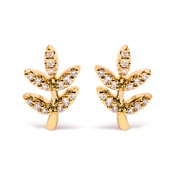 10K Yellow Gold 1/10 Cttw Diamond Accented Leaf and Branch Stud Earrings (H-I Color, I1-I2 Clarity)