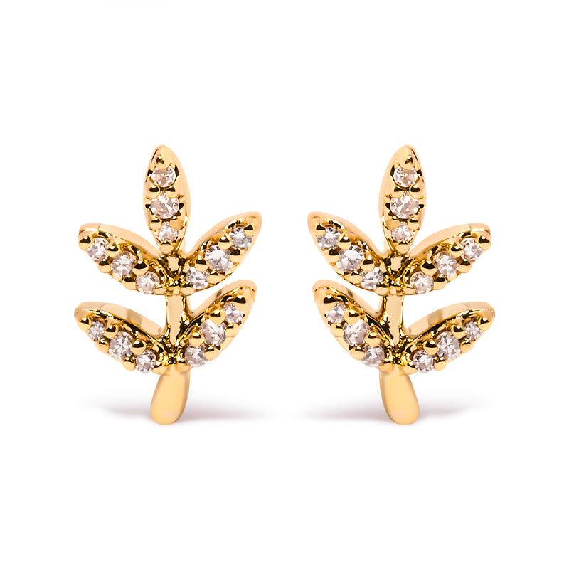 10K Yellow Gold 1/10 Cttw Diamond Accented Leaf and Branch Stud Earrings (H-I Color, I1-I2 Clarity)