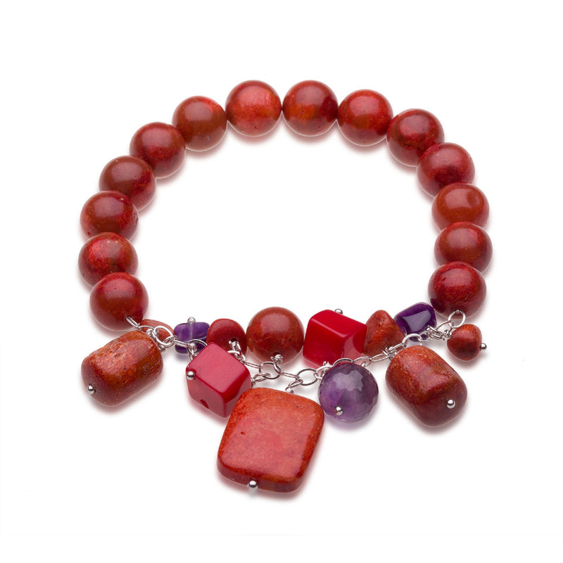 Sterling Silver 10MM Red Coral & Amethyst Bead Stretch Bracelet