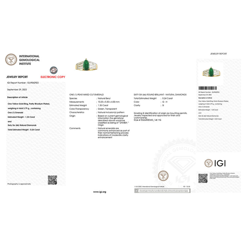 IGI Certified 1.59 Carat Genuine Zambian Emerald and White Diamond 14K Yellow Gold Ring