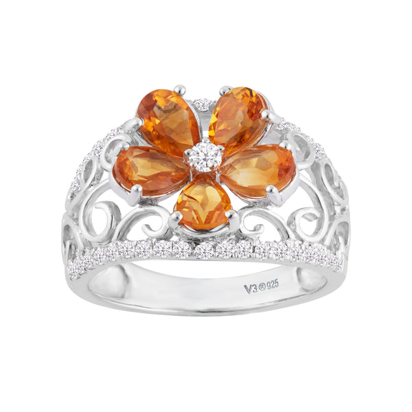 Sterling Silver Pear Shape Citrine & White Zircon Flower Ring