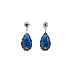 18K White Gold Earring 30x15MM Pear Shaped Blue Sapphire and Diamond Halo Drop and Dangle Earrings (F-G Color, VS1-VS2 Clarity)