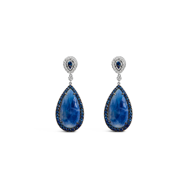 18K White Gold Earring 30x15MM Pear Shaped Blue Sapphire and Diamond Halo Drop and Dangle Earrings (F-G Color, VS1-VS2 Clarity)