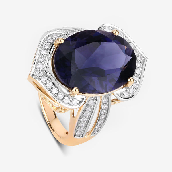 7.25 Carat Genuine Iolite and White Diamond 14K Yellow Gold Ring