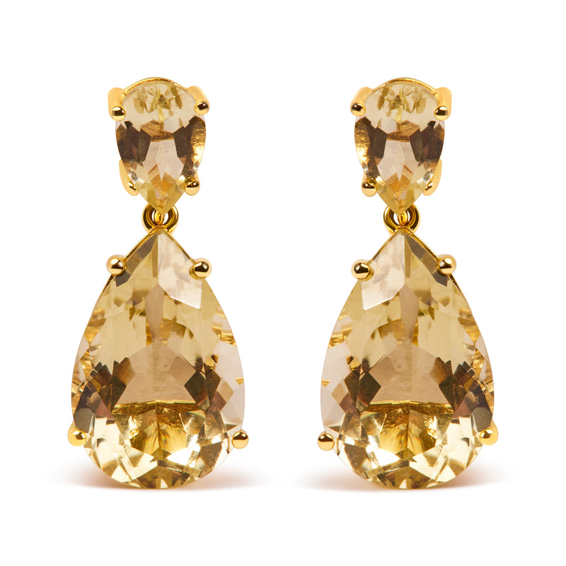 10K Yellow Gold Plated .925 Sterling Silver 11.0 Carat Pear Shaped Lime Quartz Dangle Drop Earring