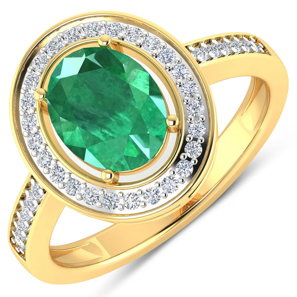 1.87 Carat Genuine Zambian Emerald and White Diamond 14K Yellow Gold Ring