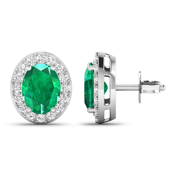 2.45 Carat Genuine Zambian Emerald and White Diamond 14K White Gold Earrings