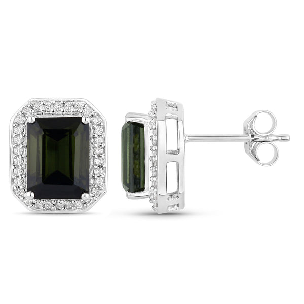 3.57 Carat Genuine Green Tourmaline and White Diamond 14K White Gold Earrings