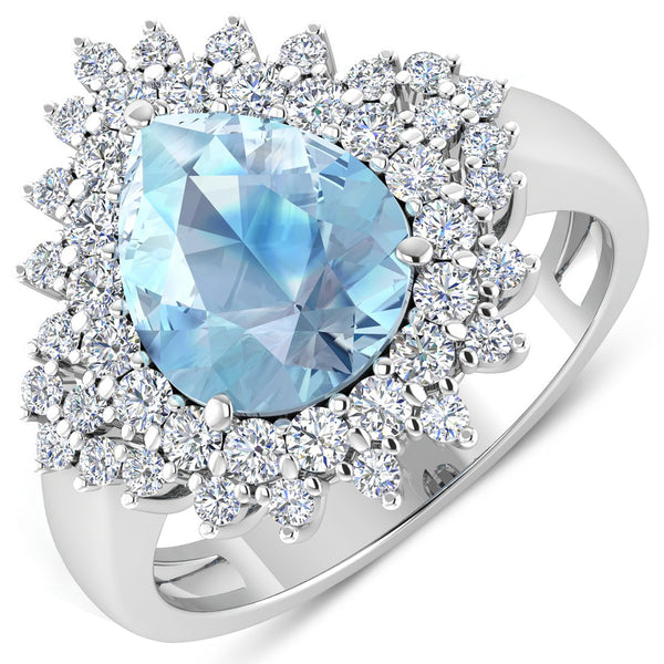 3.19 Carat Genuine Aquamarine and White Diamond 14K White Gold Ring