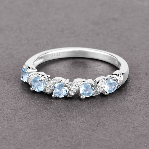 0.54 Carat Genuine Aquamarine and White Topaz .925 Sterling Silver Ring