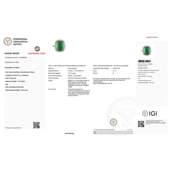 IGI Certified 8.23 Carat Genuine Zambian Emerald and White Diamond 14K Yellow Gold Ring