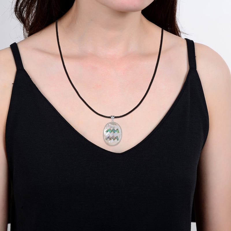 Aquarius Zodiac Pendant Necklace with River Shell, Abalone, and Sterling Silver