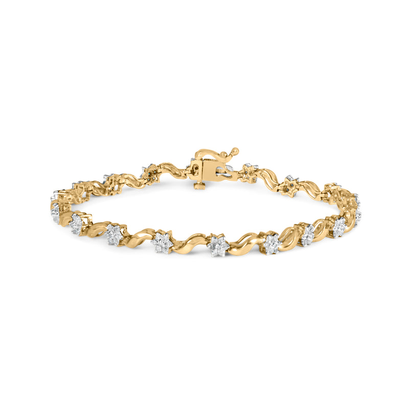 10k Yellow Gold 1.00 Cttw Round-Cut Diamond Floral S-Link 7.50" Bracelet (I-J Color, I2-I3 Clarity)