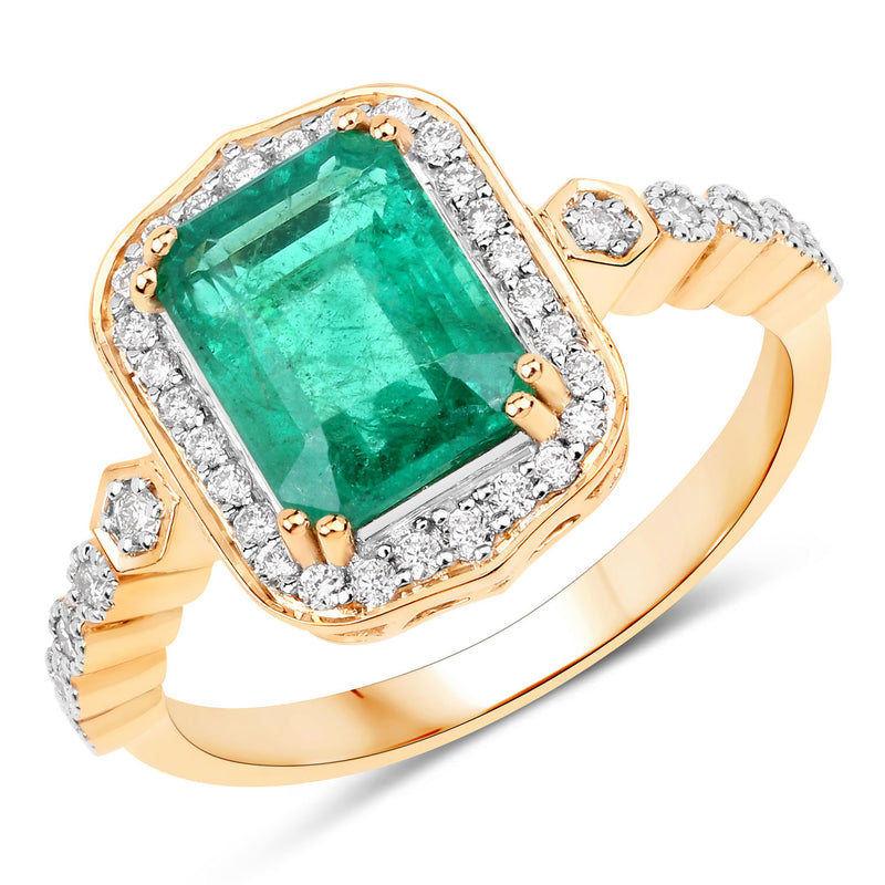 IGI Certified 2.41 Carat Genuine Zambian Emerald and White Diamond 14K Yellow Gold Ring