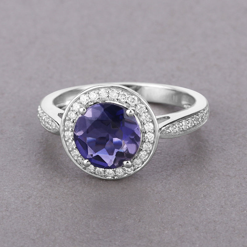 1.79 Carat Genuine Iolite and White Diamond 14K White Gold Ring