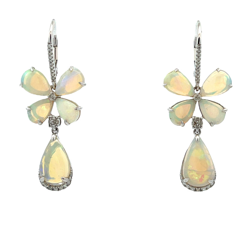 7.75ct Opal Diamond Dangle Earrings 14KT White Gold