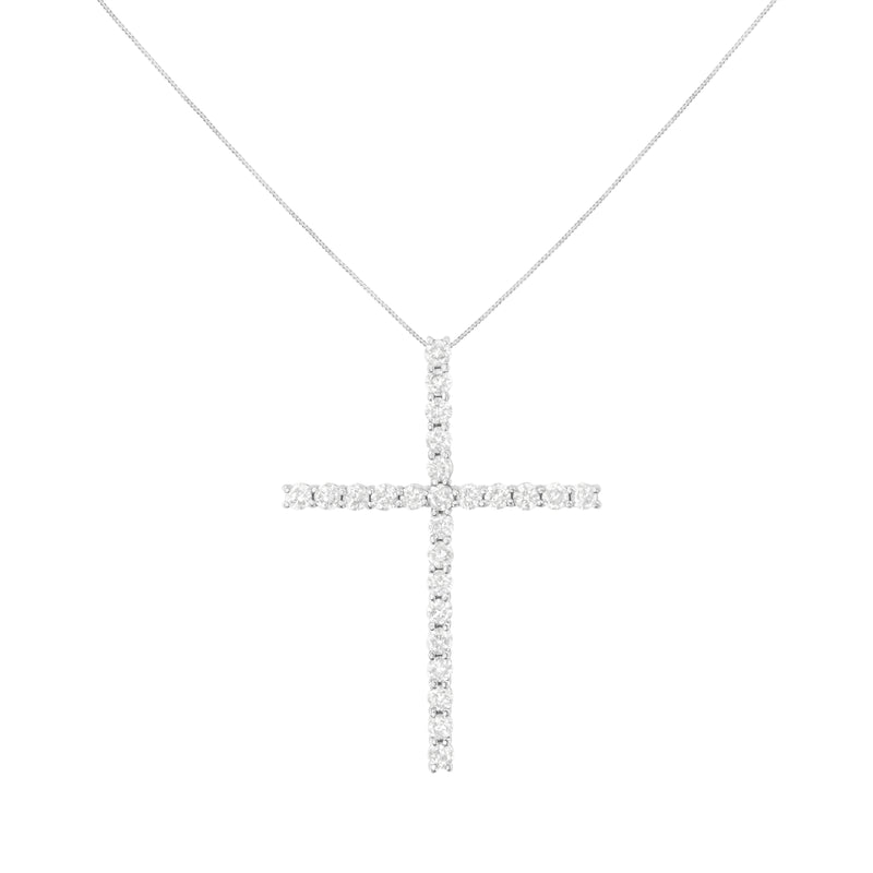 .925 Sterling Silver 3.0 Cttw Round Shape Diamond 1-1/2" Cross Pendant with Box Chain Necklace (I-J Color, I2-I3 Clarity) - 18"