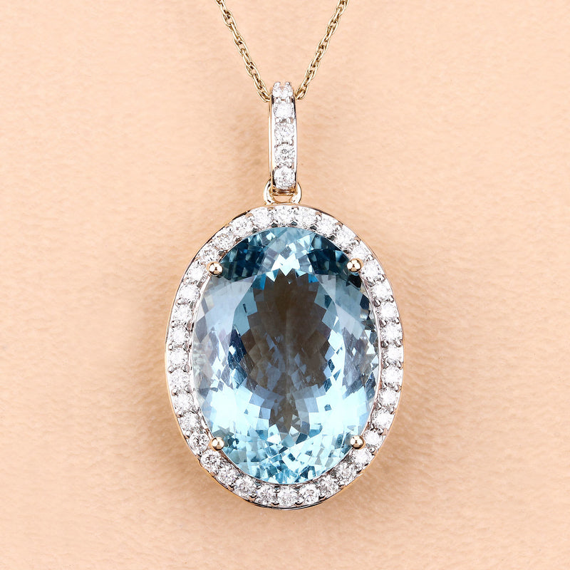 13.62 Carat Genuine Aquamarine and White Diamond 14K Yellow Gold Pendant