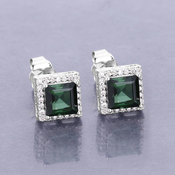 1.55 Carat Genuine Green Tourmaline and White Diamond 14K White Gold Earrings