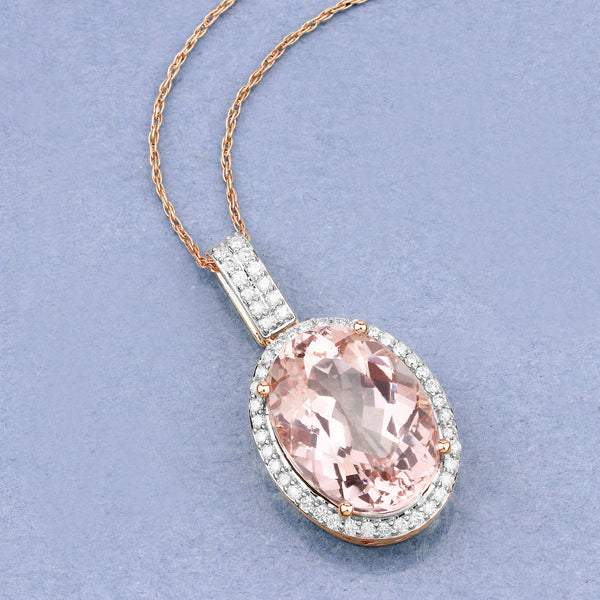 7.84 Carat Genuine Morganite and White Diamond 14K Rose Gold Pendant