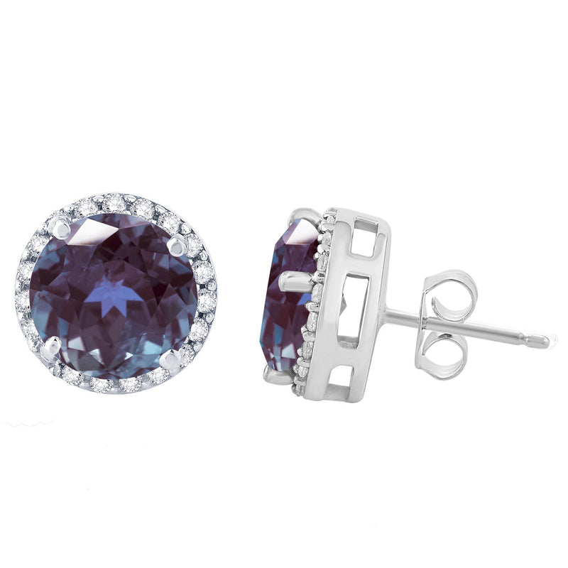 V3 Jewelry 925 Sterling Silver with Round 5.20CT Color Changing Alexandrite and Natural White Topaz Halo Stud Earring