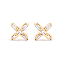 10K Yellow Gold 1/10 Cttw Round and Baguette Diamond Criss Cross X Stud Earring (H-I Color, I1-I2 Clarity)