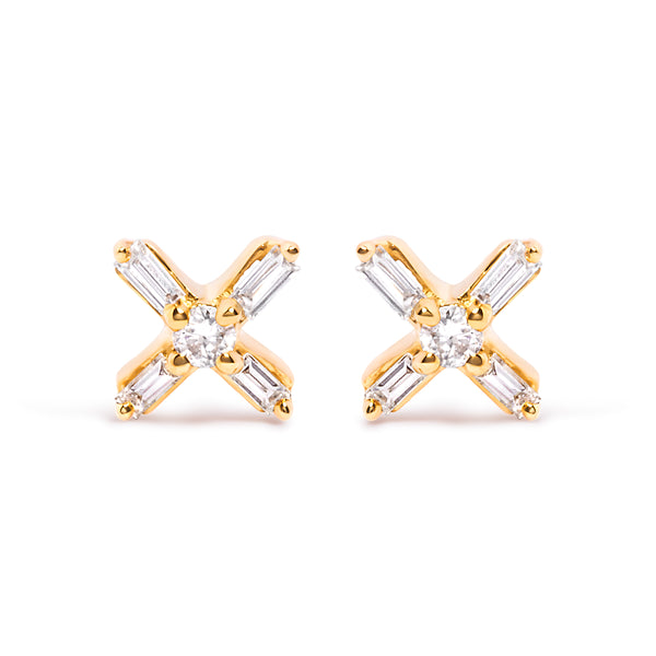 10K Yellow Gold 1/10 Cttw Round and Baguette Diamond Criss Cross X Stud Earring (H-I Color, I1-I2 Clarity)