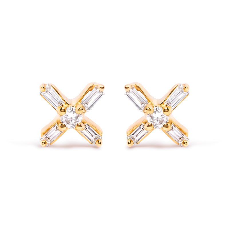 10K Yellow Gold 1/10 Cttw Round and Baguette Diamond Criss Cross X Stud Earring (H-I Color, I1-I2 Clarity)