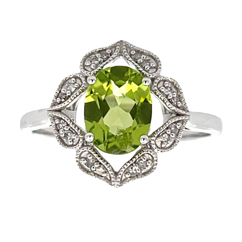 Genuine 1.43ct Peridot Diamond Ring 14KT White Gold