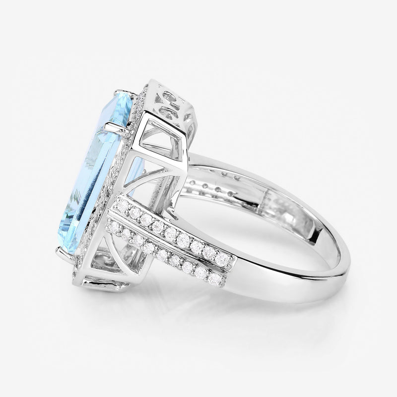 5.85 Carat Genuine Aquamarine and White Diamond 14K White Gold Ring