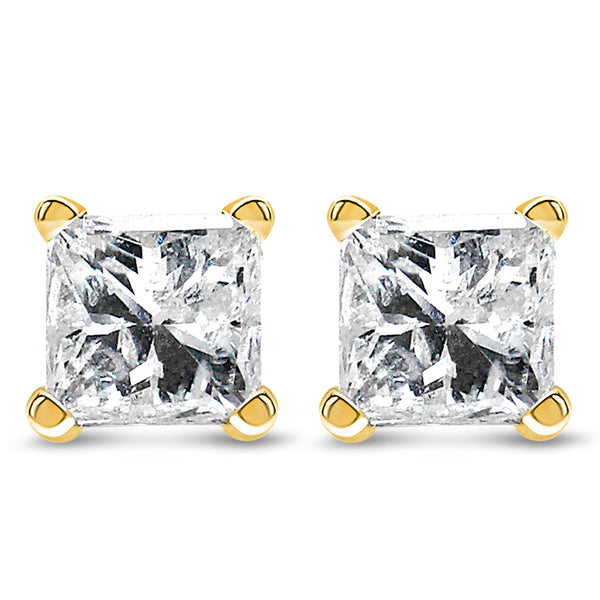 IGI Certified 14k Yellow Gold 1/3 Cttw 4-Prong Set Princess-Cut Solitaire Diamond Push Back Stud Earrings (Q-R Color, I1-I2 Clarity)